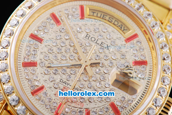 Rolex Day-Date Oyster Perpetual Automatic Full Gold with Diamond Dial and Red Marking - Click Image to Close
